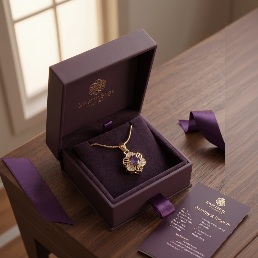 Exquisite Gold-Plated Filigree Flower Pendant Necklace with Brilliant Purple Amethyst CZ and Pave Setting