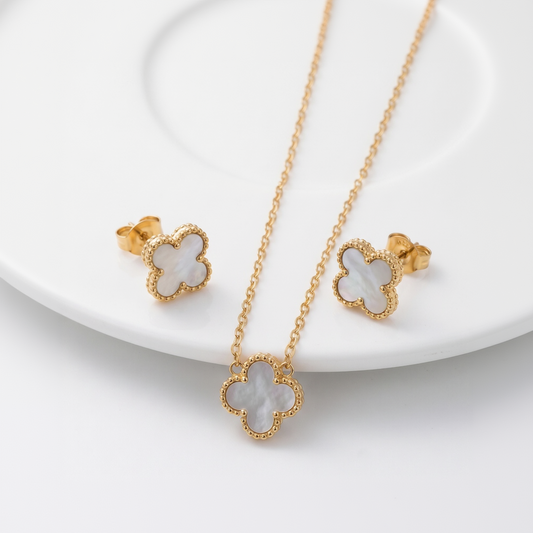 Exquisite Gold-Tone Mother of Pearl Clover Necklace and Earring Set for Women - Iconic Lucky Alhambra Style Jewelry