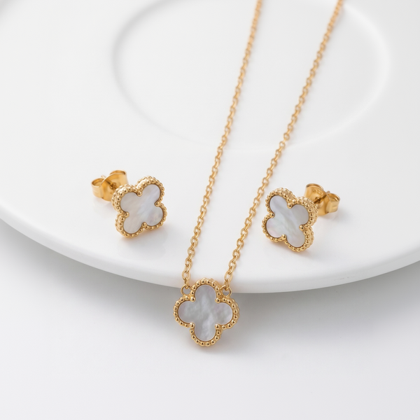 Exquisite Gold-Tone Mother of Pearl Clover Necklace and Earring Set for Women - Iconic Lucky Alhambra Style Jewelry