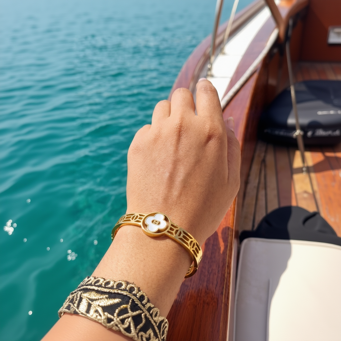White Clover and Gold-Tone Openwork Cuff Bangle Bracelet for Women - Intricate Filigree, Polished Finish