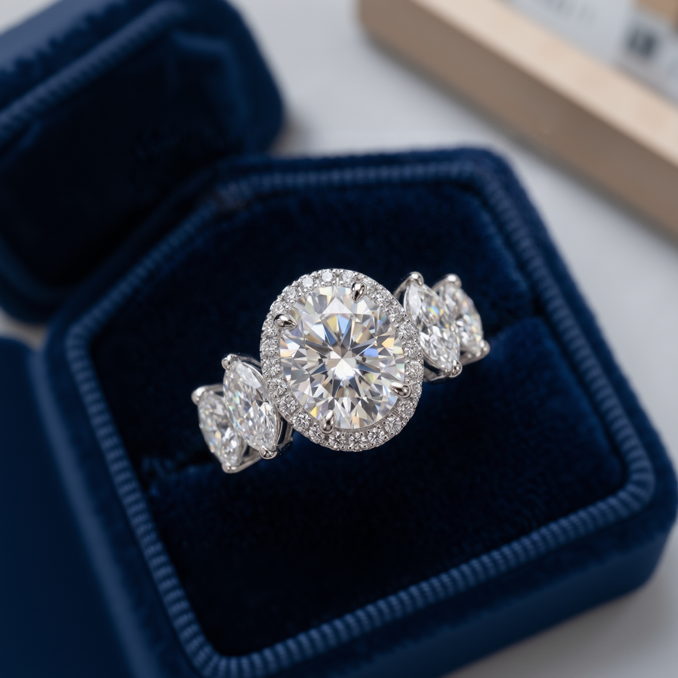3-Stone Oval Halo Engagement Ring in Silver Finish