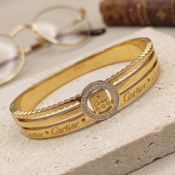 Vintage-Inspired Yellow Gold Double-Band Bangle with Pavé Diamond Medallion