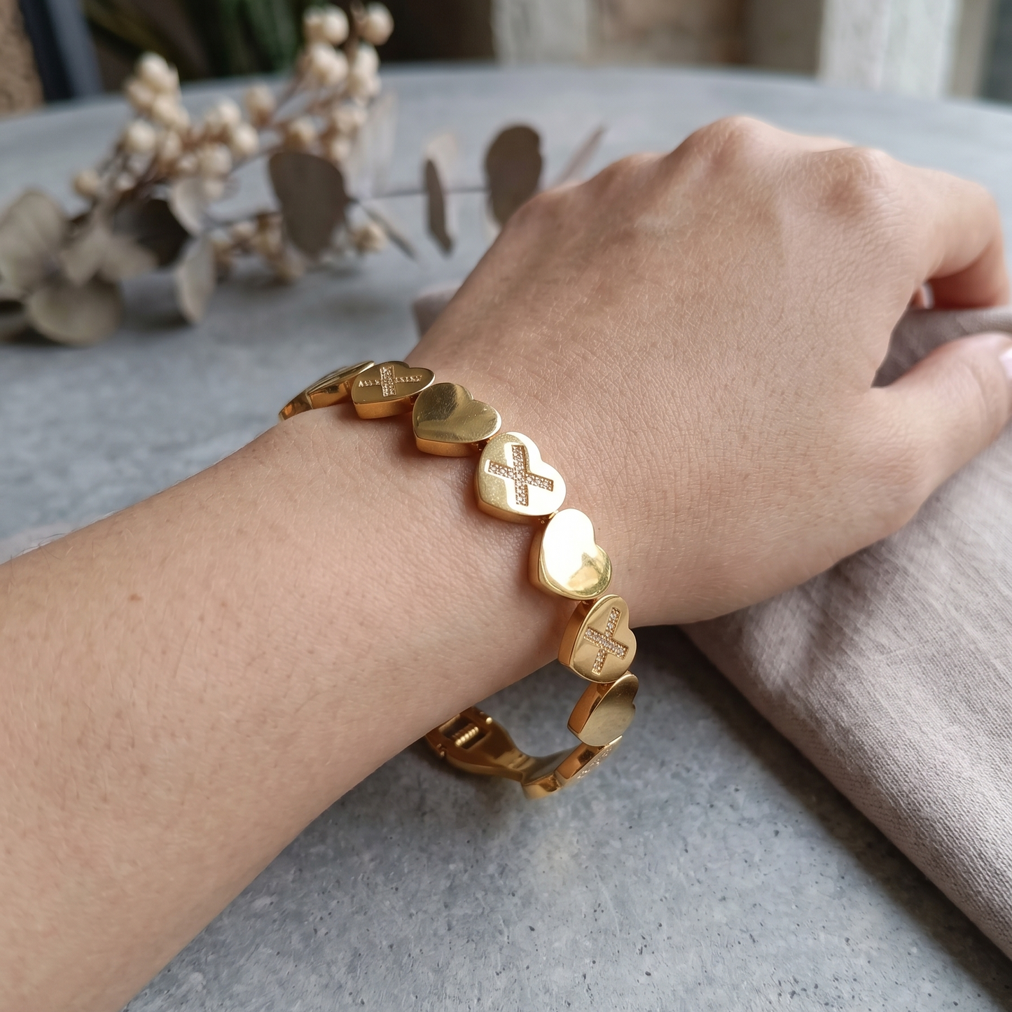 SwarnaSage Gold CZ Heart 'X' Motif Articulated Link Bangle