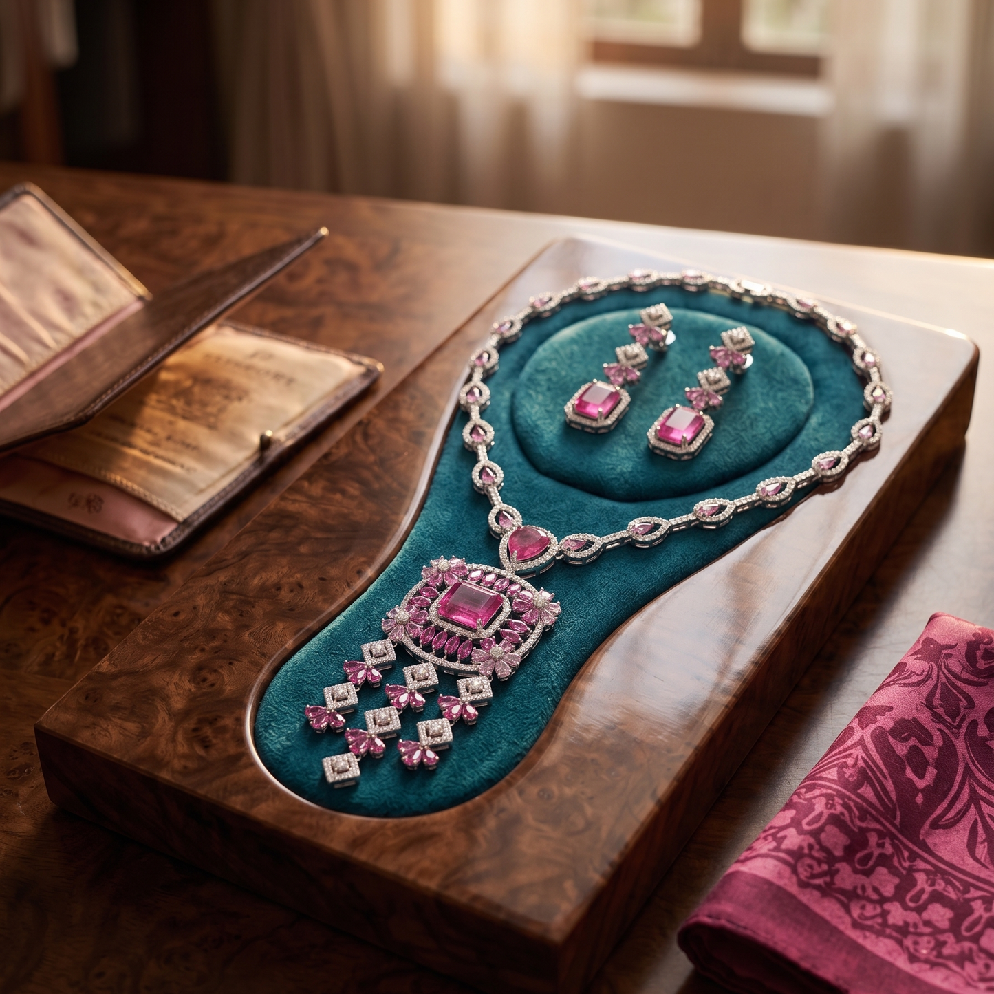 Crimson Bloom Ruby & CZ Statement Necklace and Earring Set in Silver Finish