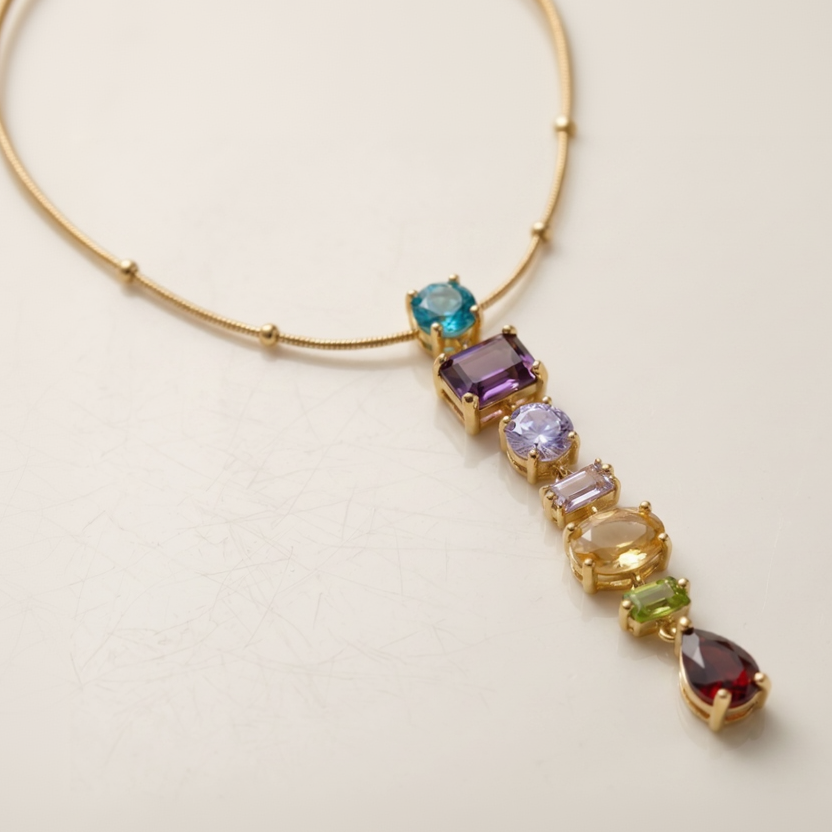 SwarnaSage Gold Plated Multi-Gemstone Gradient Drop Pendant Necklace with Bead-Accented Chain