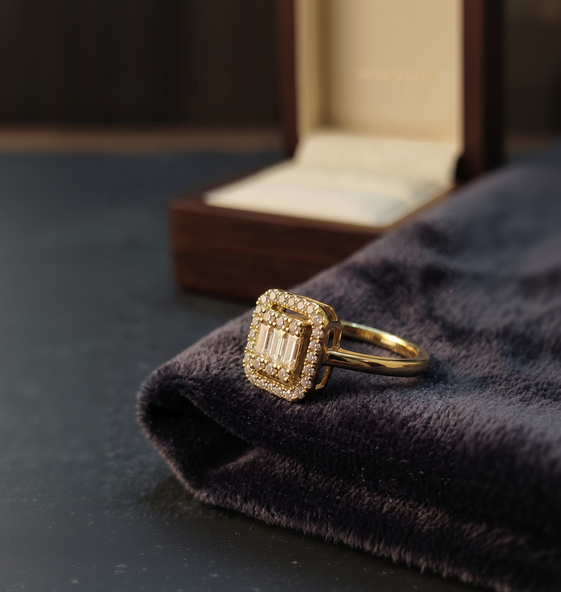 Art Deco Inspired Yellow Gold Plated Baguette and Round Cubic Zirconia Double Halo Cluster Cocktail Ring