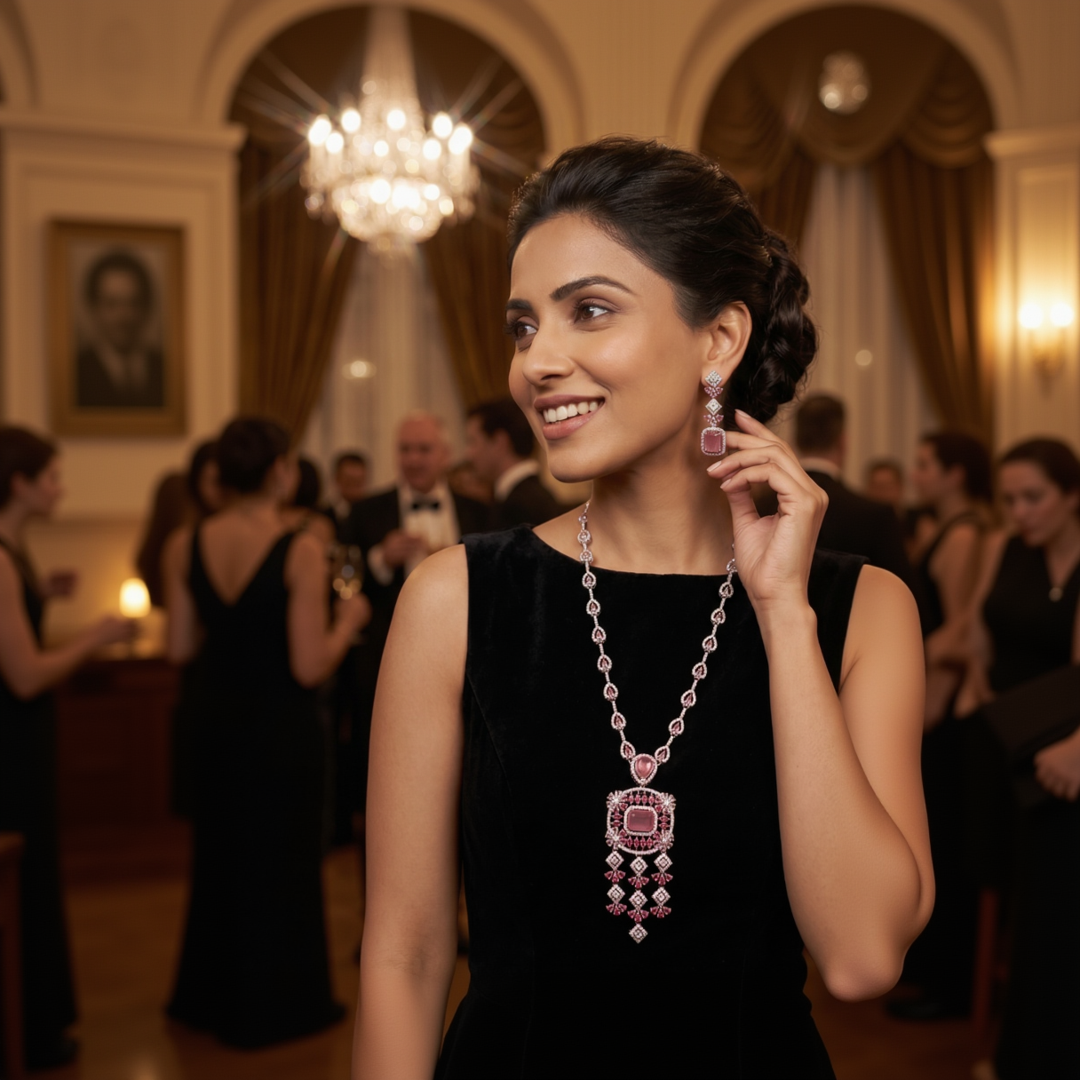 Crimson Bloom Ruby & CZ Statement Necklace and Earring Set in Silver Finish