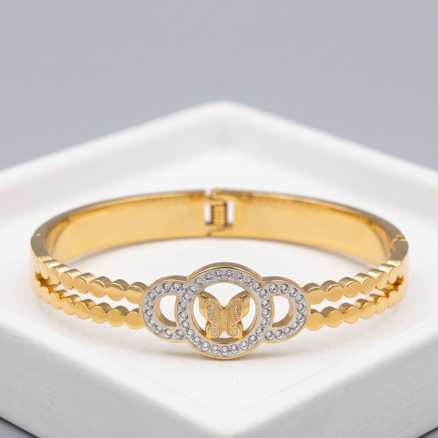 Two-Tone Gold & Silver Pave Crystal Butterfly Hinge Bangle Bracelet - Butterfly Garden Collection