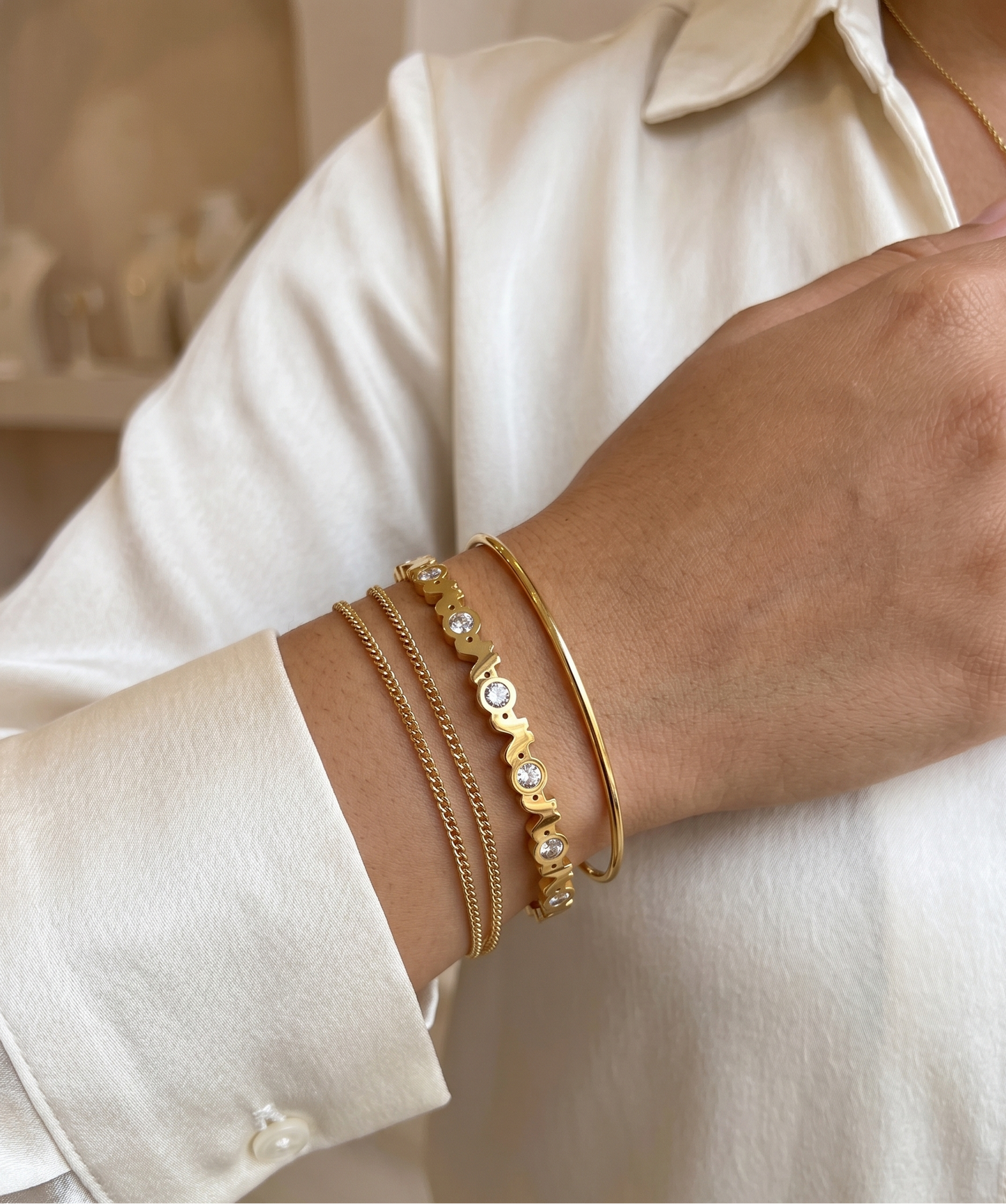 Modern Gold Plated Geometric Stone Bangle - Dainty Station Bracelet
