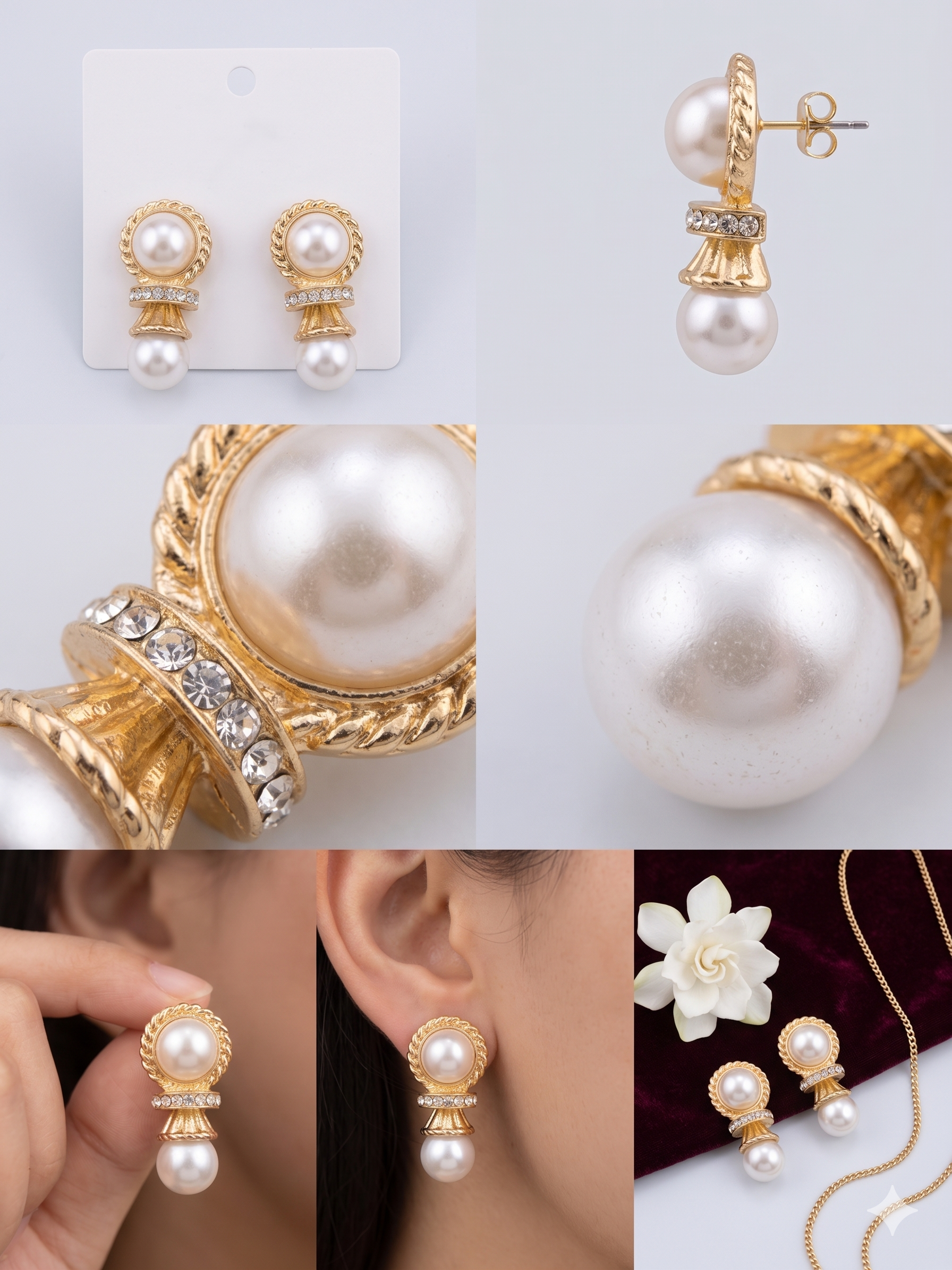 Elegant Double Pearl and Crystal Pavé Gold-Tone Statement Stud Earrings - Vintage-Inspired Luxury Drop Earrings