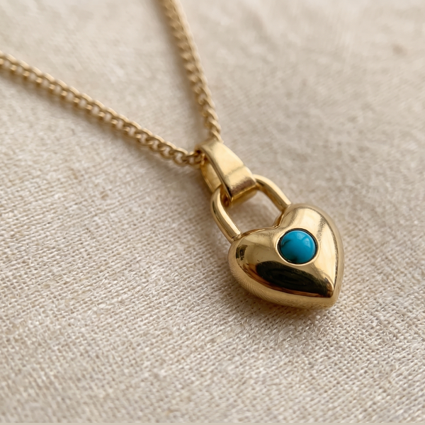 SwarnaSage Gold-Tone Layered Herringbone and Heart Padlock Necklace with Turquoise
