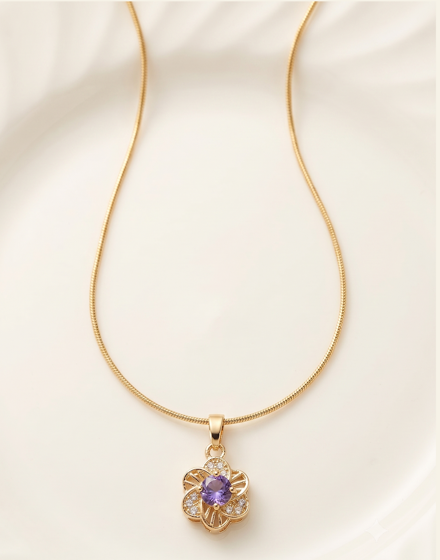 Exquisite Gold-Plated Filigree Flower Pendant Necklace with Brilliant Purple Amethyst CZ and Pave Setting