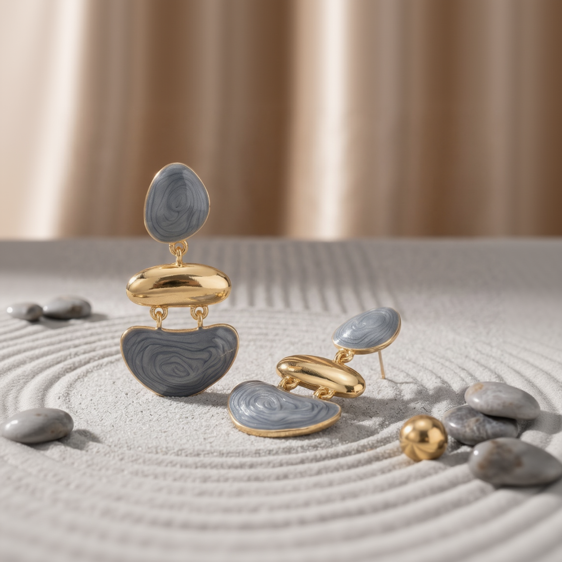 Viennois Elegant Slate Blue-Grey & Gold-Tone Three-Tier Articulated Dangle Earrings