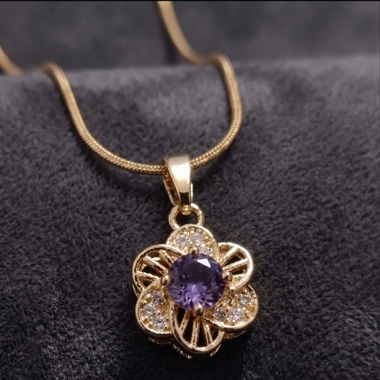 Exquisite Gold-Plated Filigree Flower Pendant Necklace with Brilliant Purple Amethyst CZ and Pave Setting