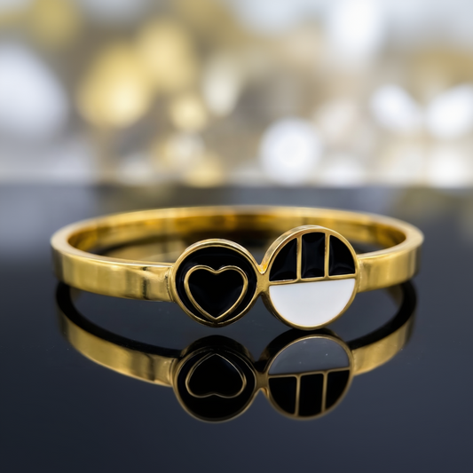 SwarnaSage "Dual Harmony" Yin-Yang Inspired Black & White Enamel Heart Bangle - Highly Polished Gold-Tone Cuff for Modern Women