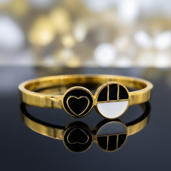 SwarnaSage "Dual Harmony" Yin-Yang Inspired Black & White Enamel Heart Bangle - Highly Polished Gold-Tone Cuff for Modern Women