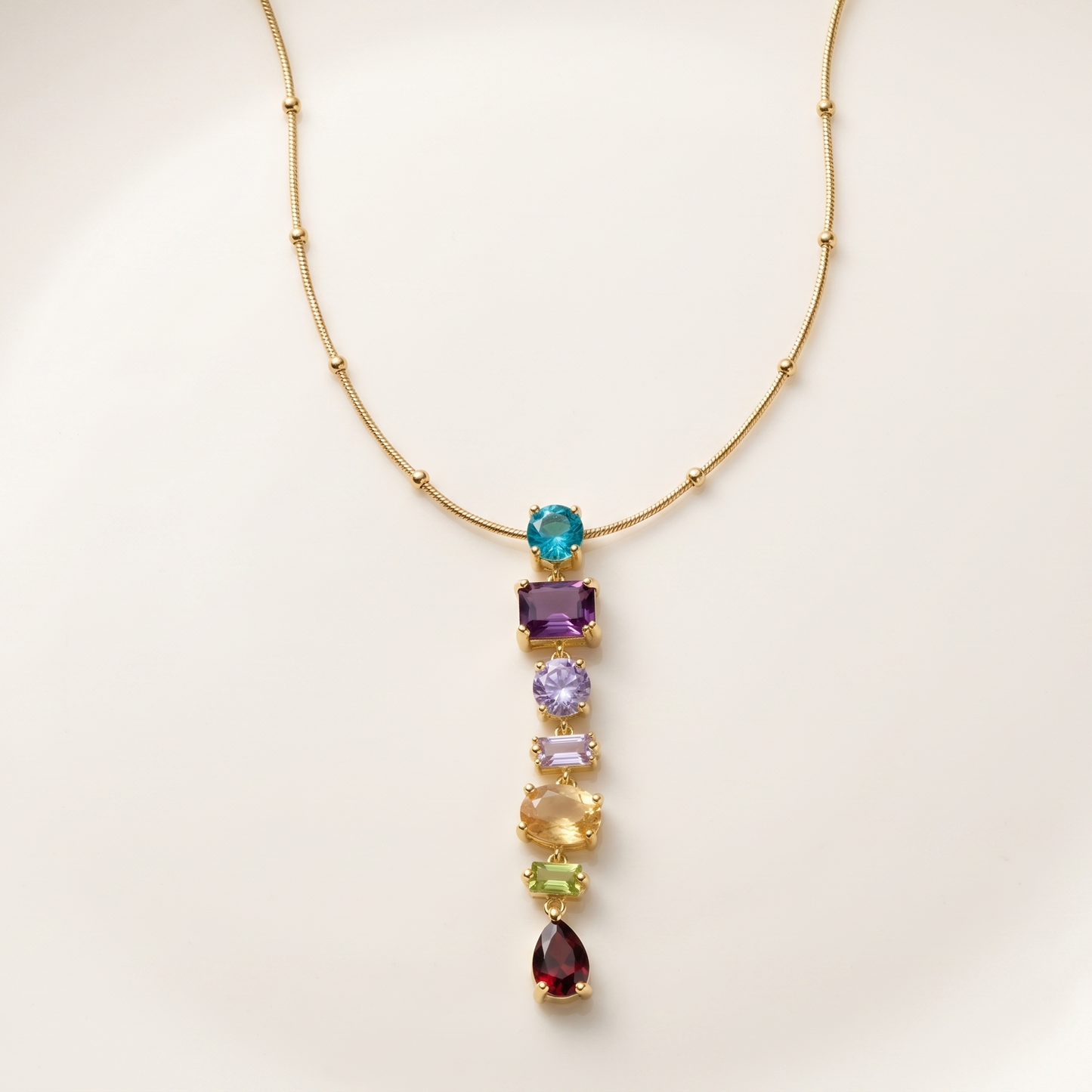 SwarnaSage Gold Plated Multi-Gemstone Gradient Drop Pendant Necklace with Bead-Accented Chain