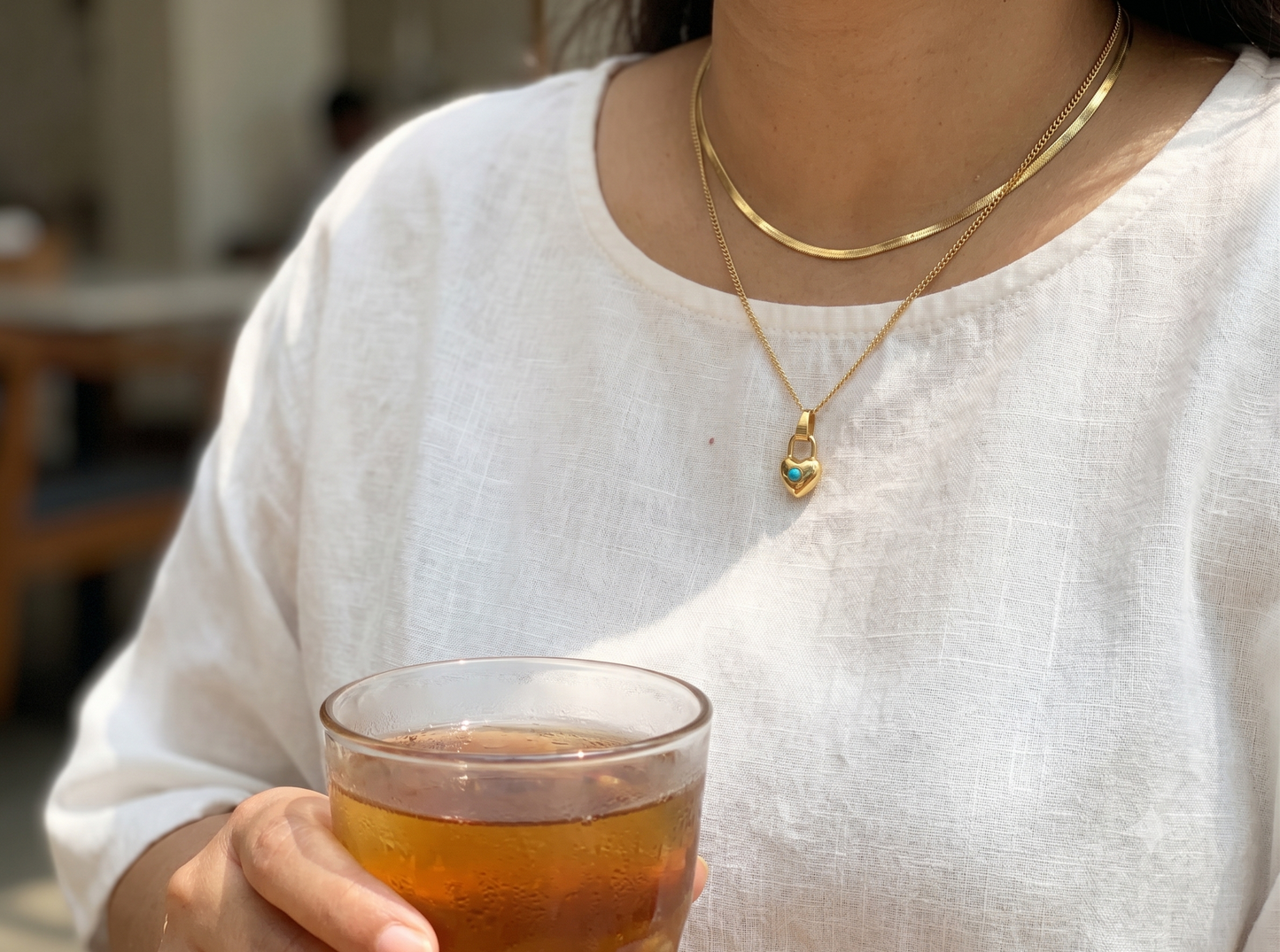 SwarnaSage Gold-Tone Layered Herringbone and Heart Padlock Necklace with Turquoise