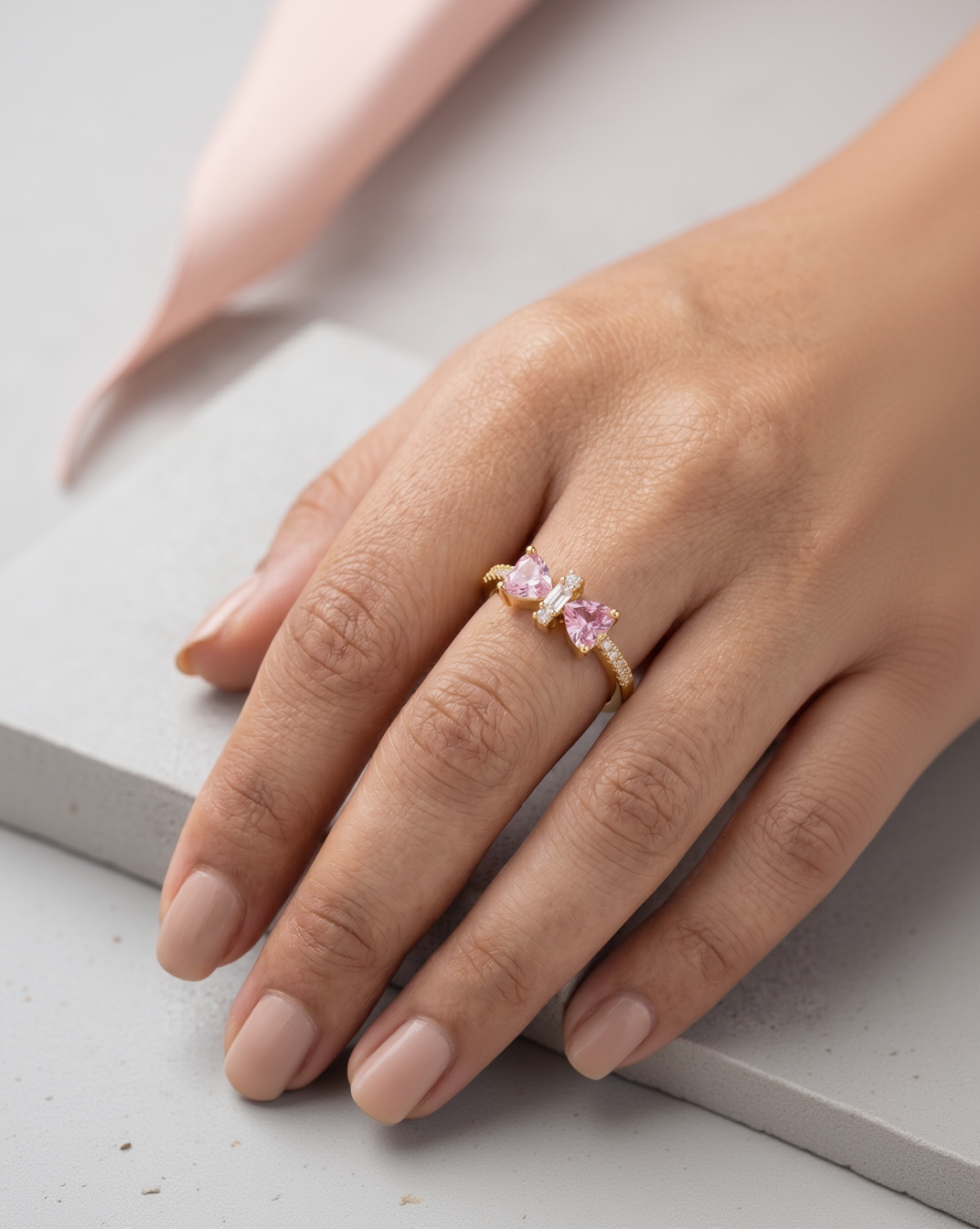 Amara Adjustable Gold Plated Pink Heart Butterfly Statement Ring with Pave Accents