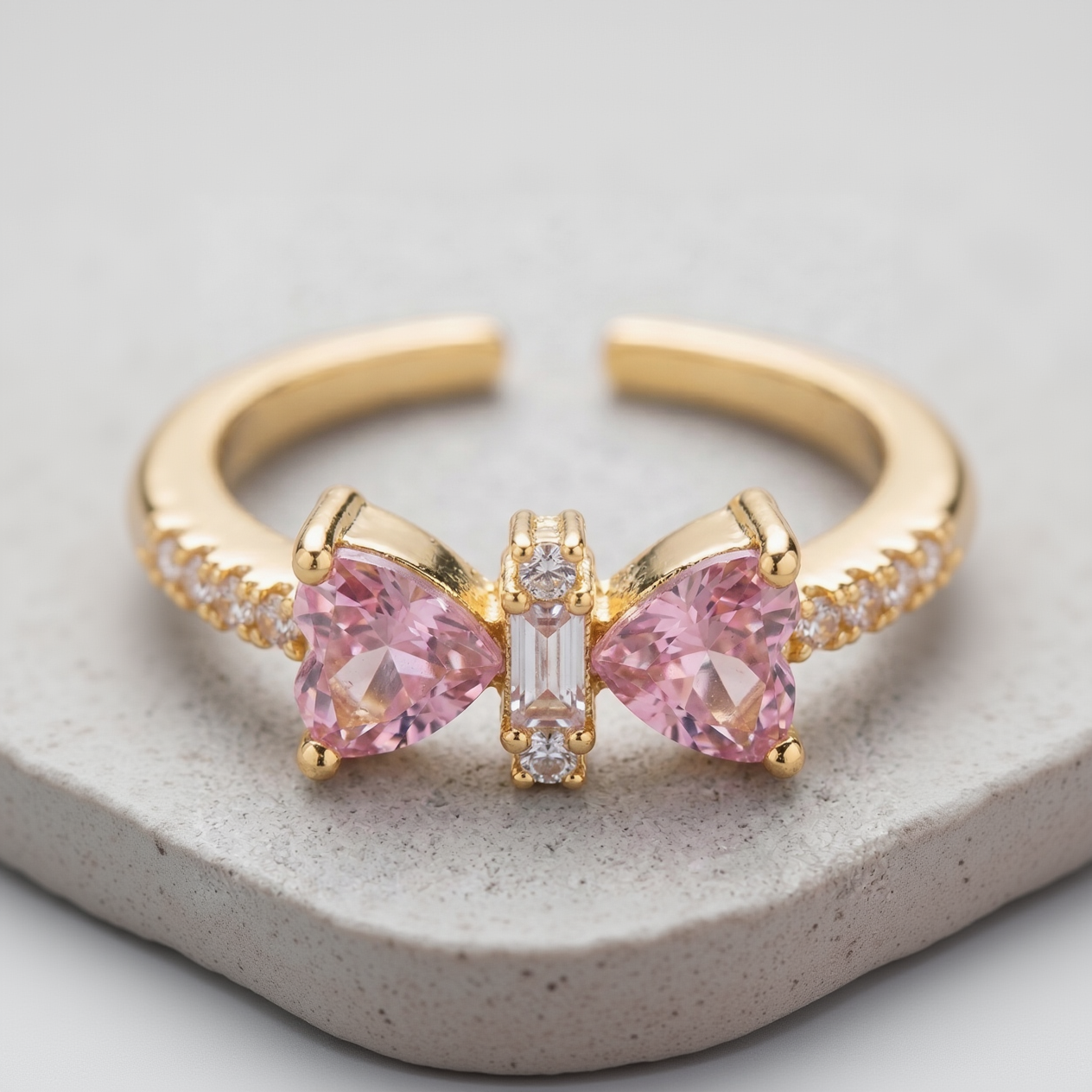 Amara Adjustable Gold Plated Pink Heart Butterfly Statement Ring with Pave Accents