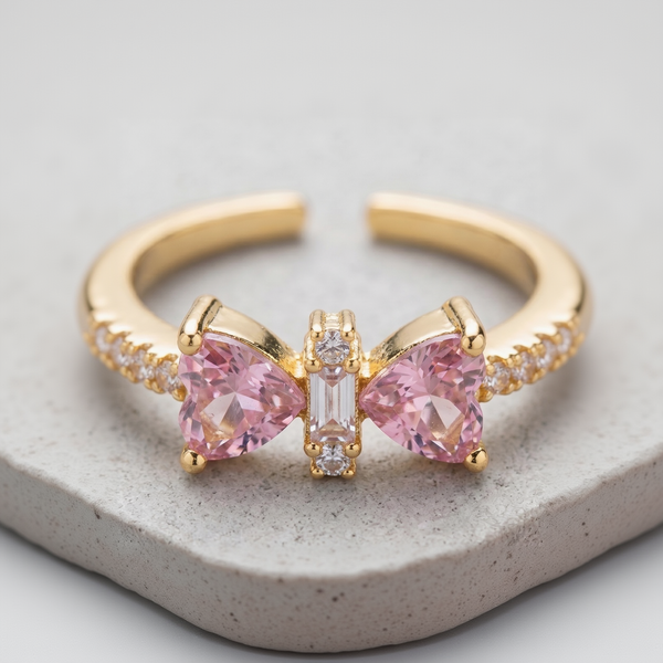 Amara Adjustable Gold Plated Pink Heart Butterfly Statement Ring with Pave Accents