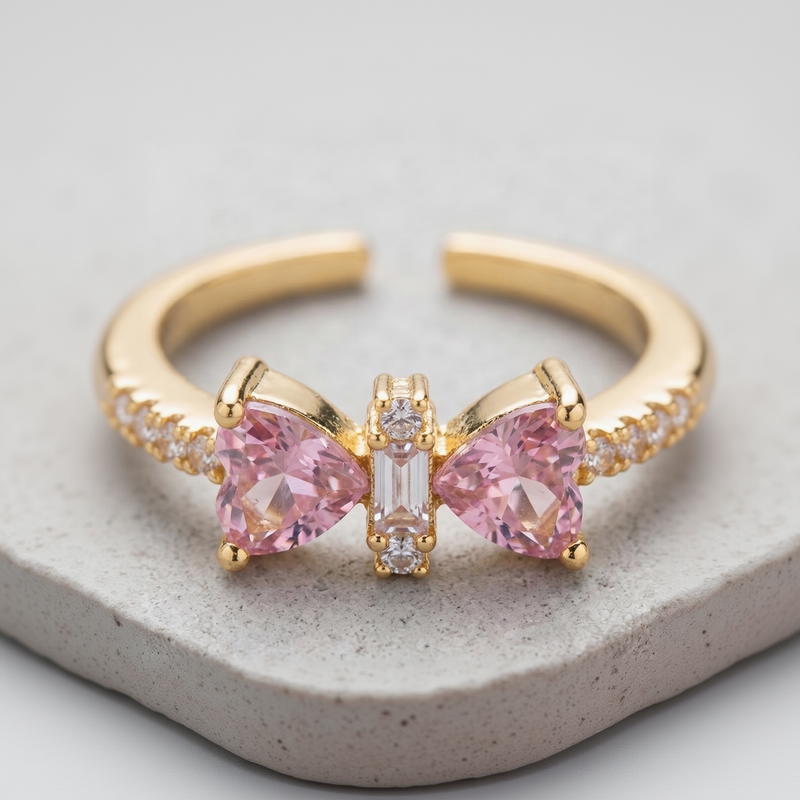 Amara Adjustable Gold Plated Pink Heart Butterfly Statement Ring with Pave Accents