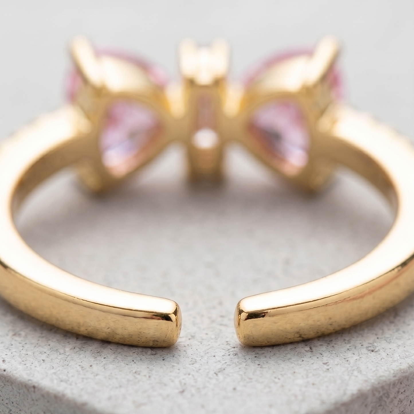 Amara Adjustable Gold Plated Pink Heart Butterfly Statement Ring with Pave Accents
