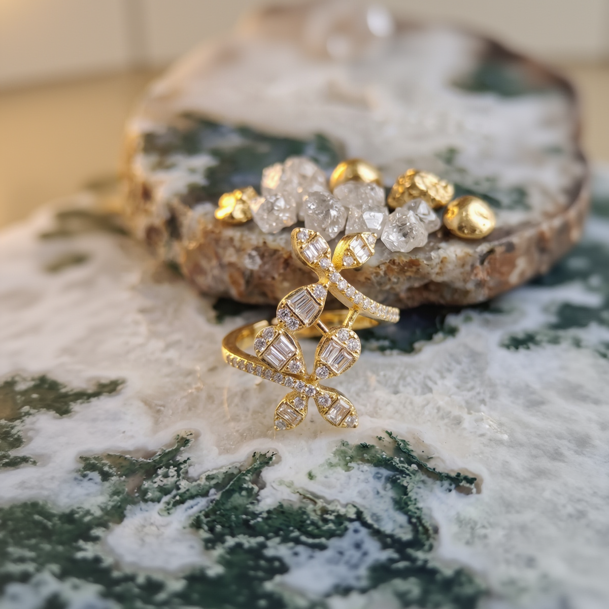 Gold-Plated Two-Tiered Baguette and Round CZ Geometric Statement Ring for Women