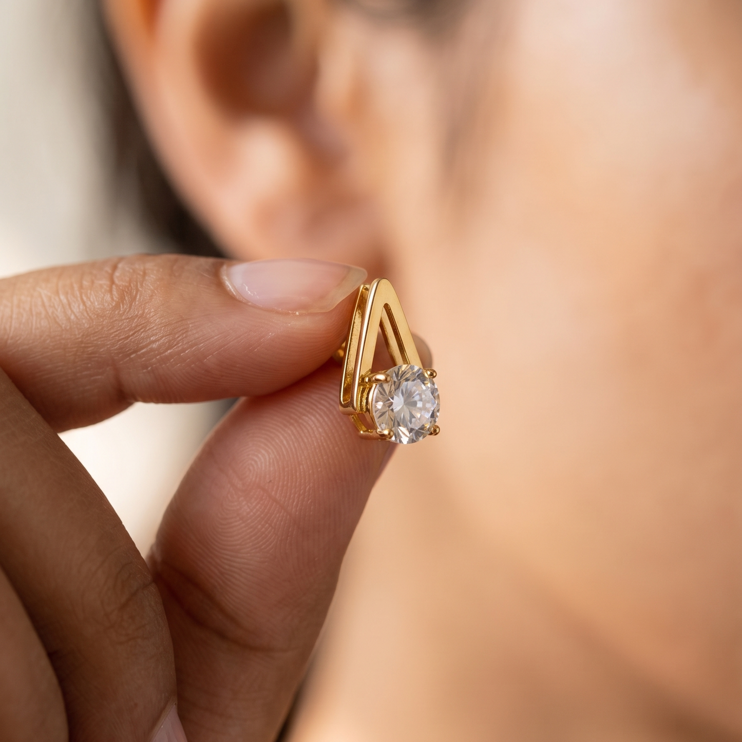 Gold-Plated Teardrop-Outline CZ Solitaire Stud Earrings | High-Brilliance Clear Stone