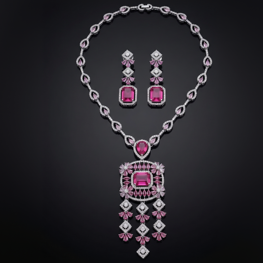 Crimson Bloom Ruby & CZ Statement Necklace and Earring Set in Silver Finish