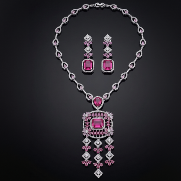 Crimson Bloom Ruby & CZ Statement Necklace and Earring Set in Silver Finish