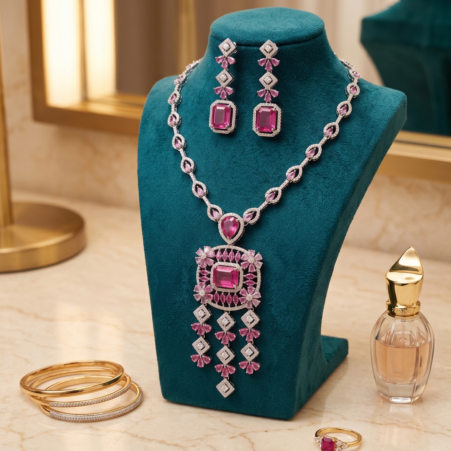 Crimson Bloom Ruby & CZ Statement Necklace and Earring Set in Silver Finish