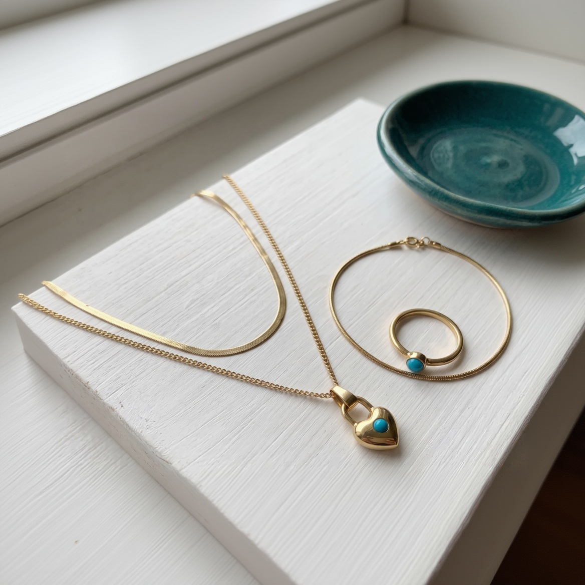 SwarnaSage Gold-Tone Layered Herringbone and Heart Padlock Necklace with Turquoise