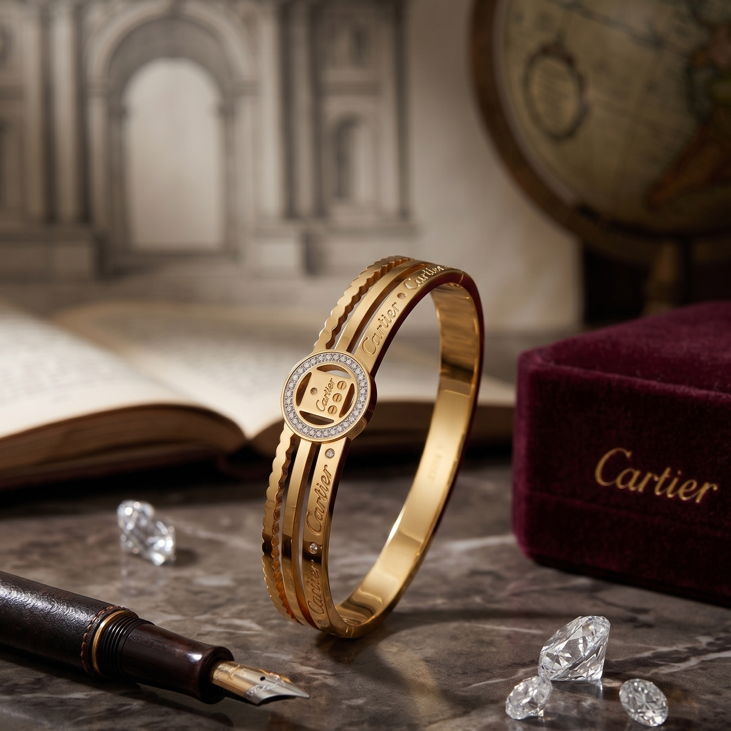 Vintage-Inspired Yellow Gold Double-Band Bangle with Pavé Diamond Medallion