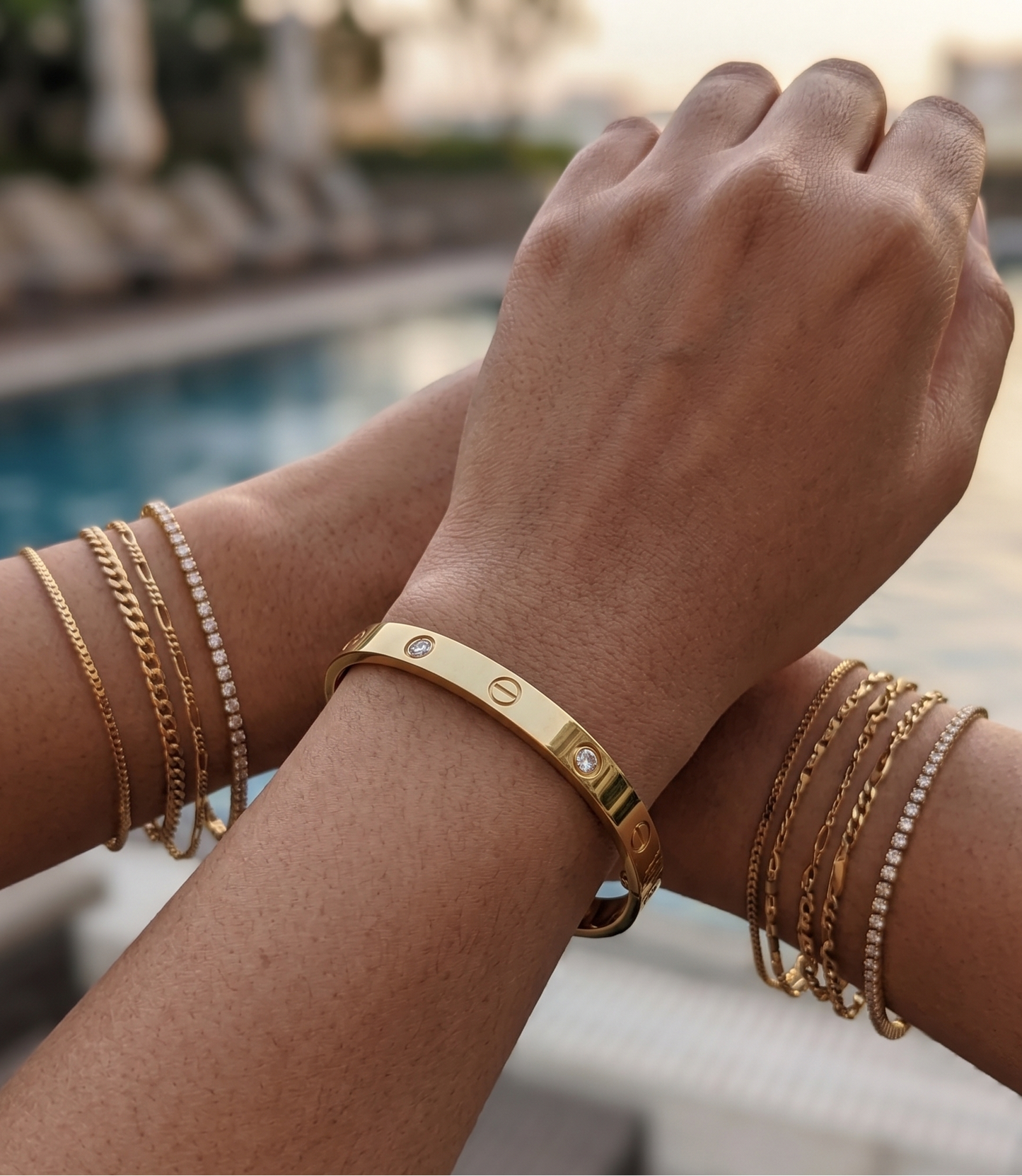 Iconic Gold Bangle with Screw Motifs and Bezel-Set White Stones - SwarnaSage Exclusive