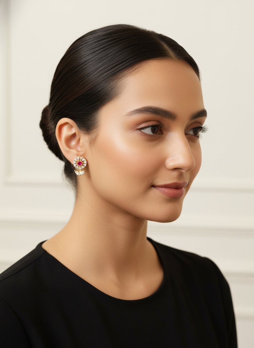 Elegant Floral Ruby & Diamond Stud Earrings