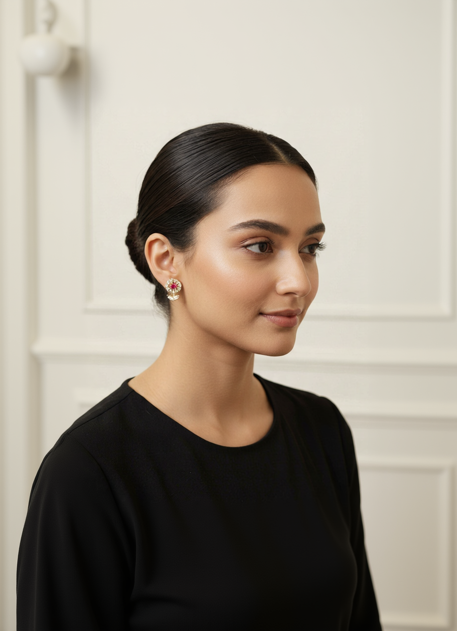 Elegant Floral Ruby & Diamond Stud Earrings