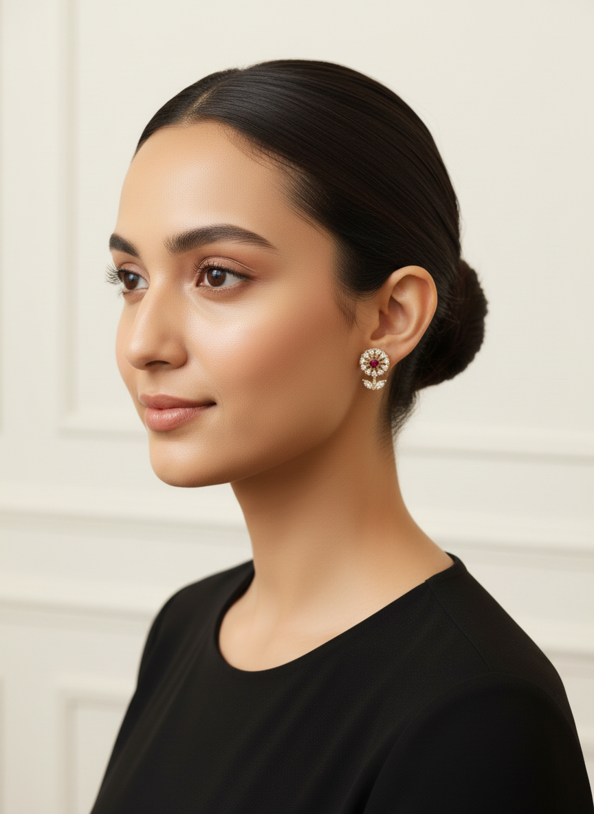 Elegant Floral Ruby & Diamond Stud Earrings