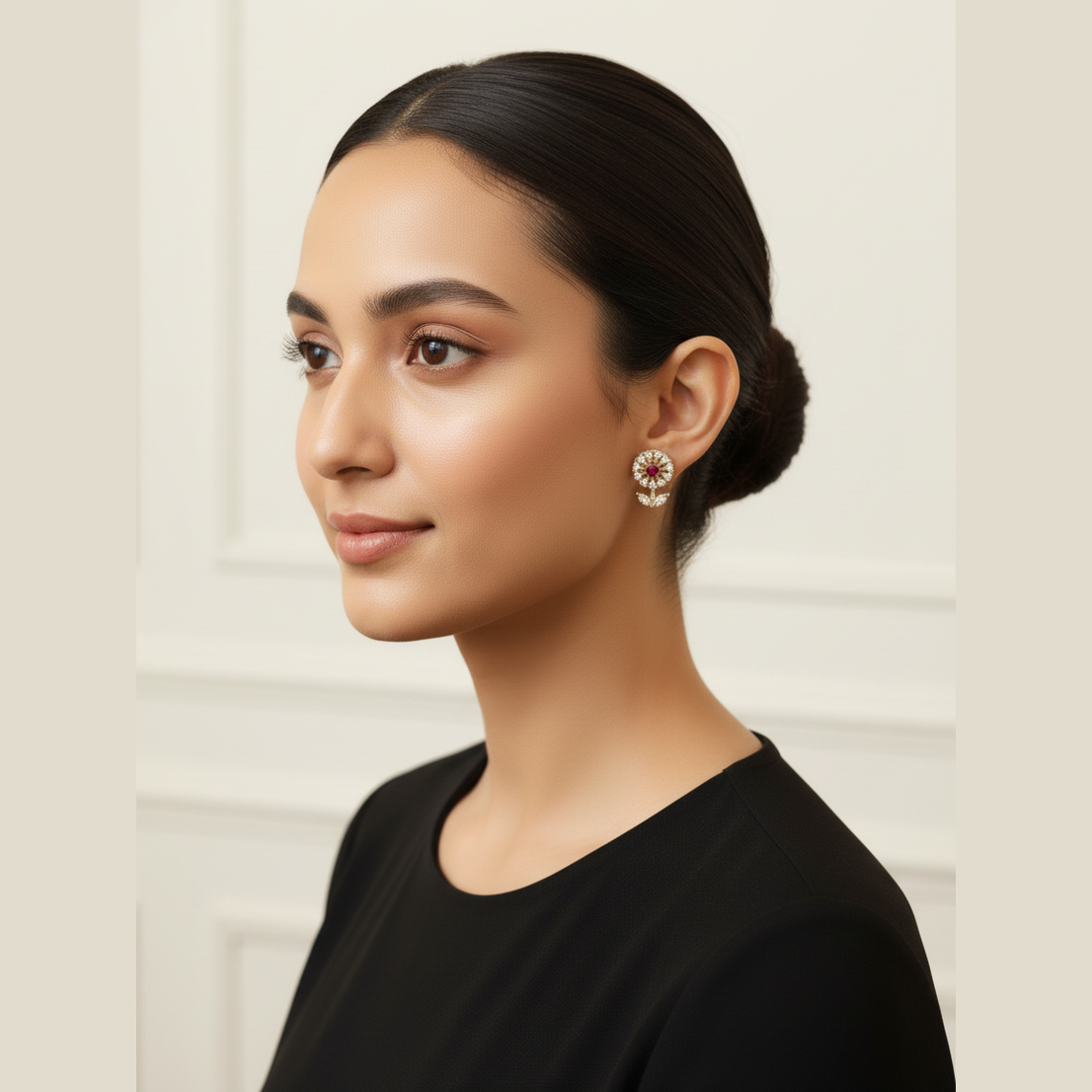 Elegant Floral Ruby & Diamond Stud Earrings