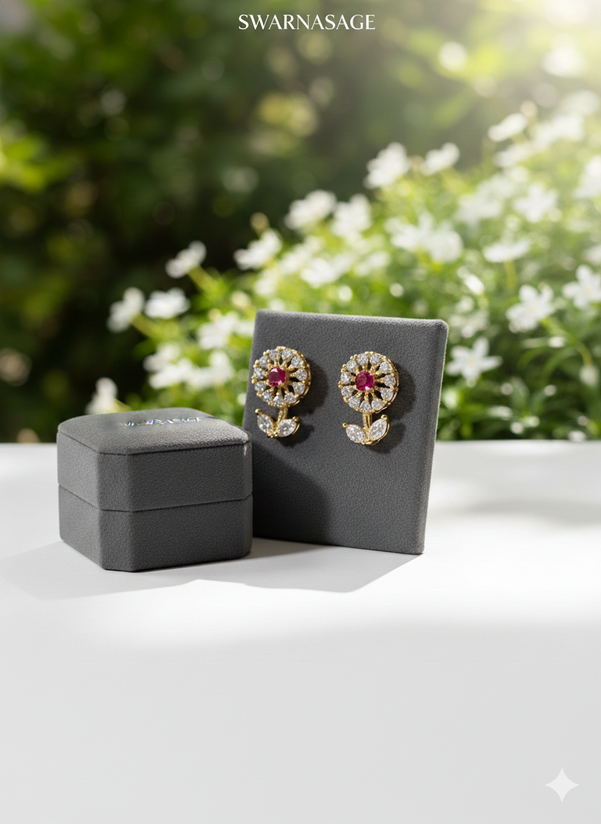 Elegant Floral Ruby & Diamond Stud Earrings
