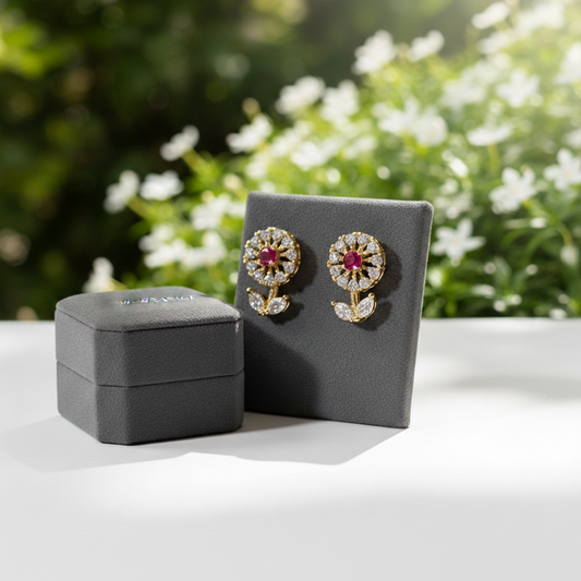 Elegant Floral Ruby & Diamond Stud Earrings