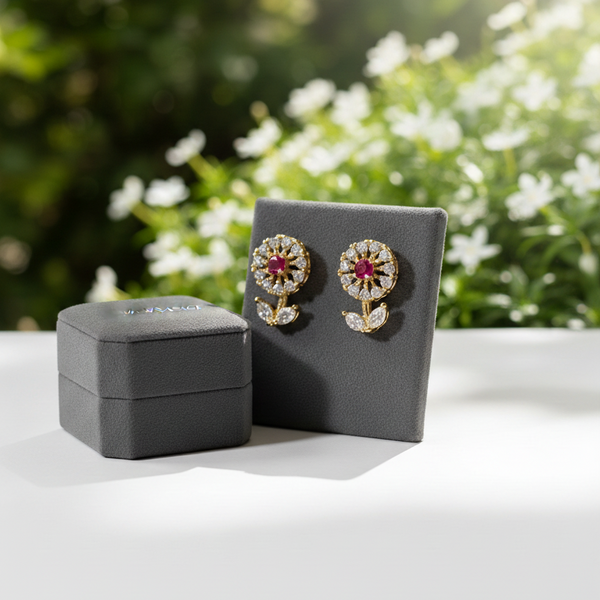 Elegant Floral Ruby & Diamond Stud Earrings