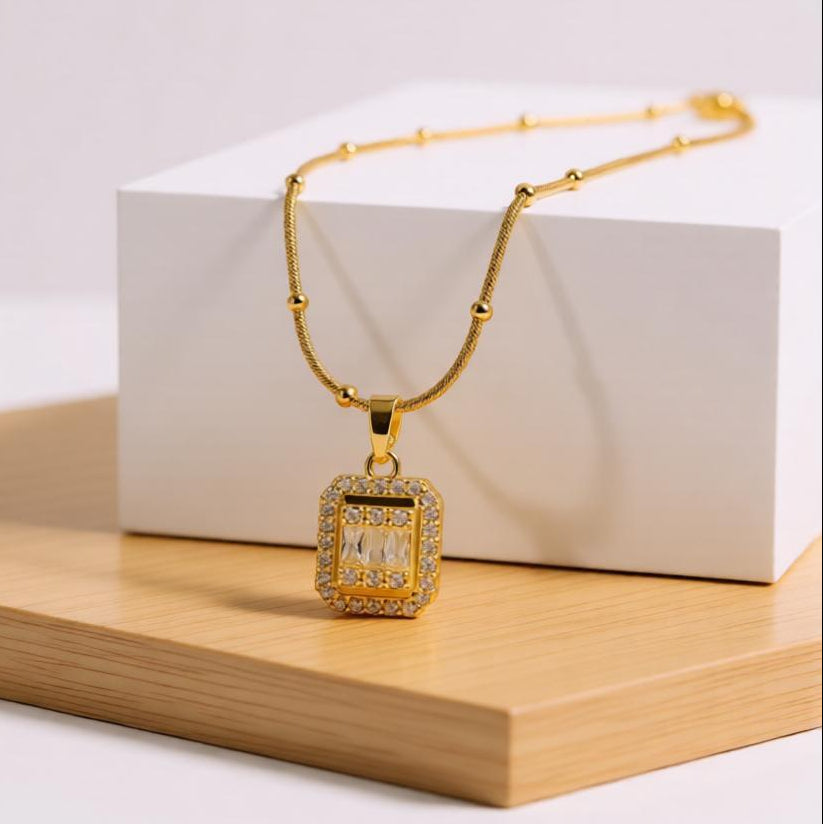 Elegance 18k Rose Gold Plated Radiant Baguette & Round Halo Cluster Pendant Necklace with Intricate Snake Chain
